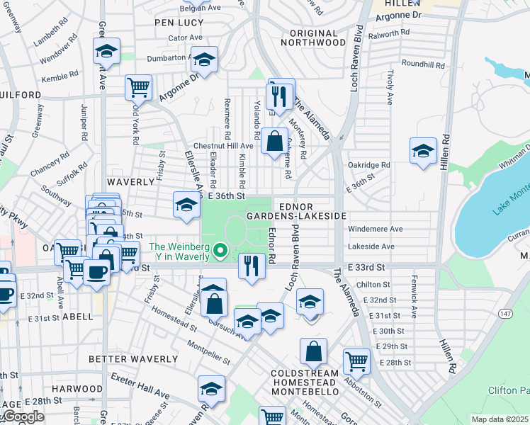 map of restaurants, bars, coffee shops, grocery stores, and more near 1050 East 33rd Street in Baltimore