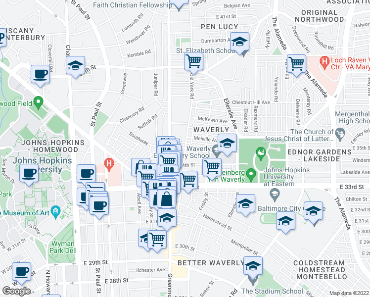 map of restaurants, bars, coffee shops, grocery stores, and more near Old York Rd & E 35th St in Baltimore