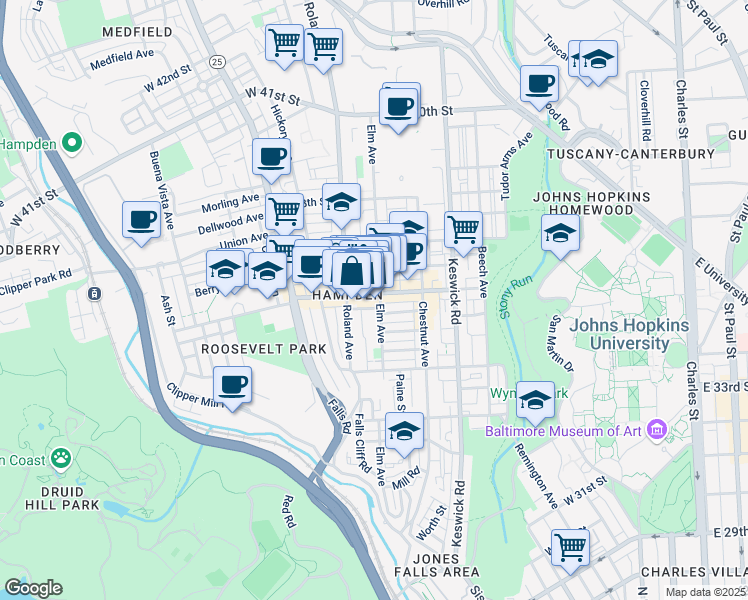 map of restaurants, bars, coffee shops, grocery stores, and more near 912 West 36th Street in Baltimore