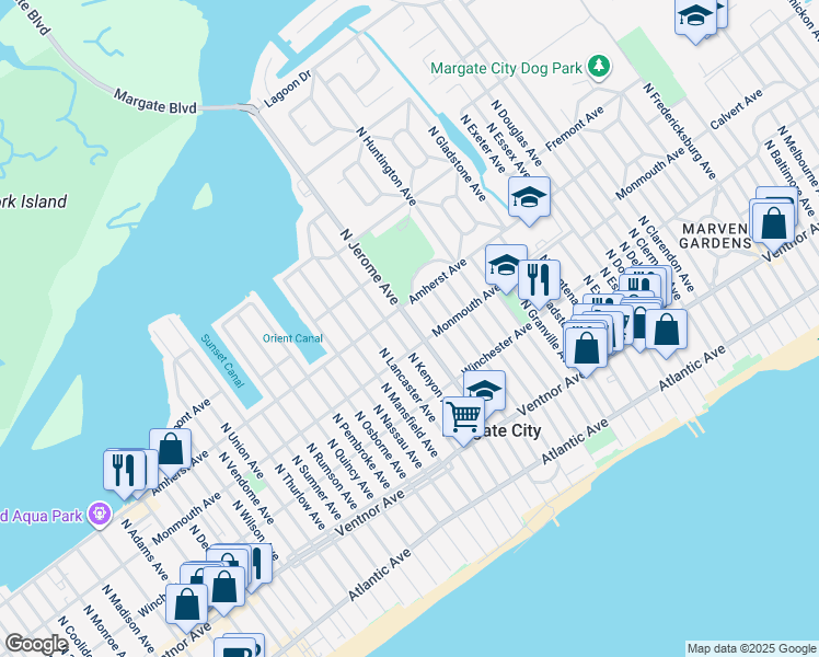 map of restaurants, bars, coffee shops, grocery stores, and more near 211 North Jerome Avenue in Margate City