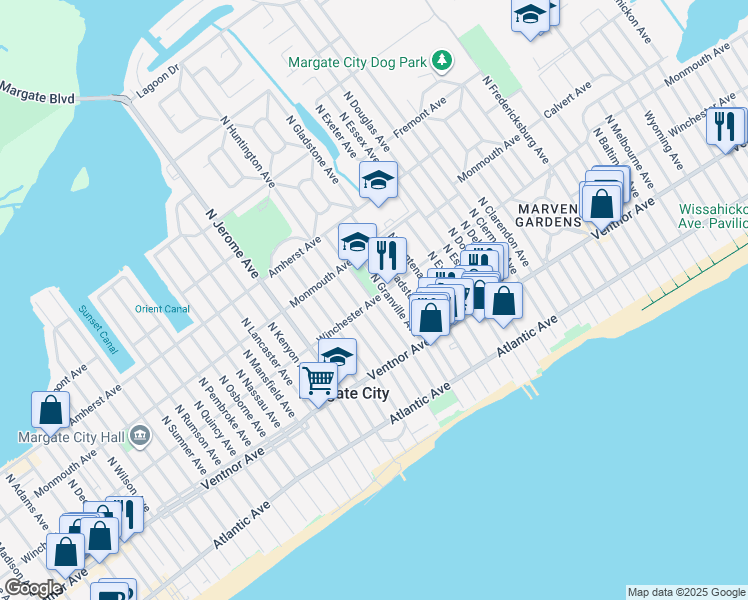 map of restaurants, bars, coffee shops, grocery stores, and more near 101 North Haverford Avenue in Margate City