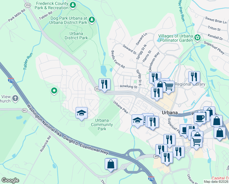 map of restaurants, bars, coffee shops, grocery stores, and more near 9100 Worthington Boulevard in Frederick