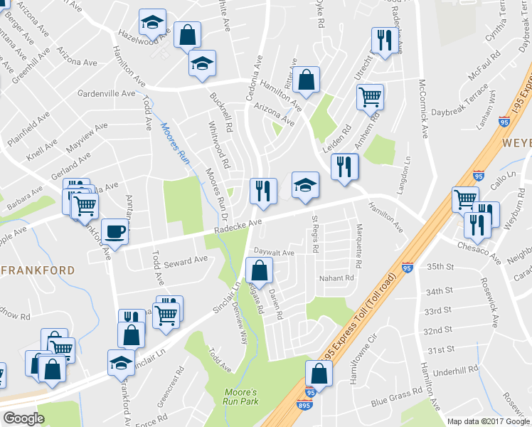 map of restaurants, bars, coffee shops, grocery stores, and more near 5910 Radecke Ave in Baltimore