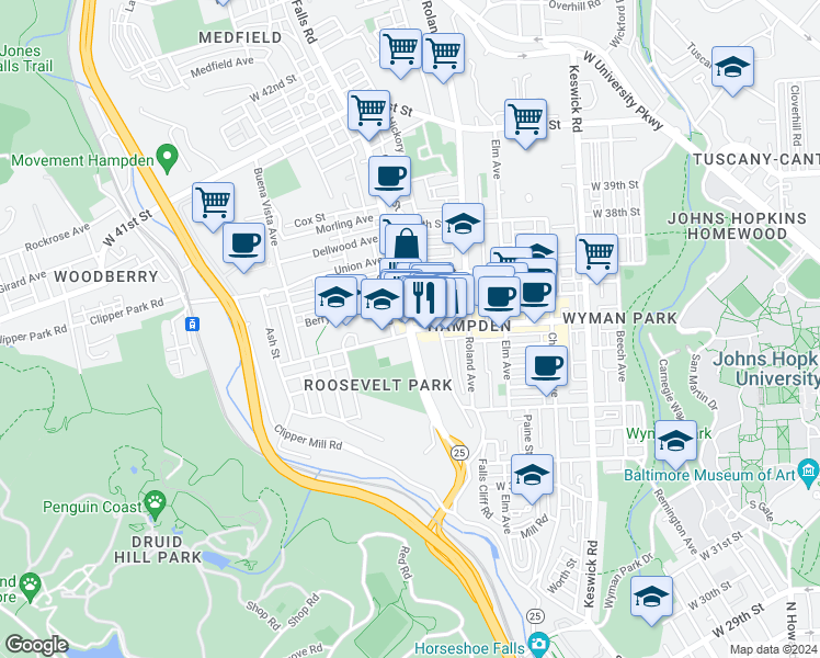 map of restaurants, bars, coffee shops, grocery stores, and more near Falls Rd & W 36th St in Baltimore