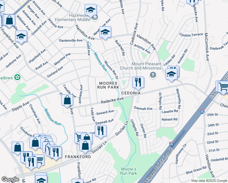 map of restaurants, bars, coffee shops, grocery stores, and more near 5700 Radecke Avenue in Baltimore