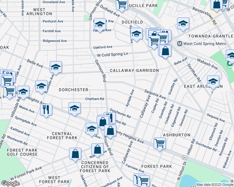 map of restaurants, bars, coffee shops, grocery stores, and more near 3817 Barrington Road in Baltimore