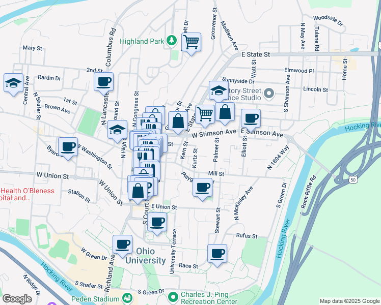 map of restaurants, bars, coffee shops, grocery stores, and more near 57E West State Street in Athens
