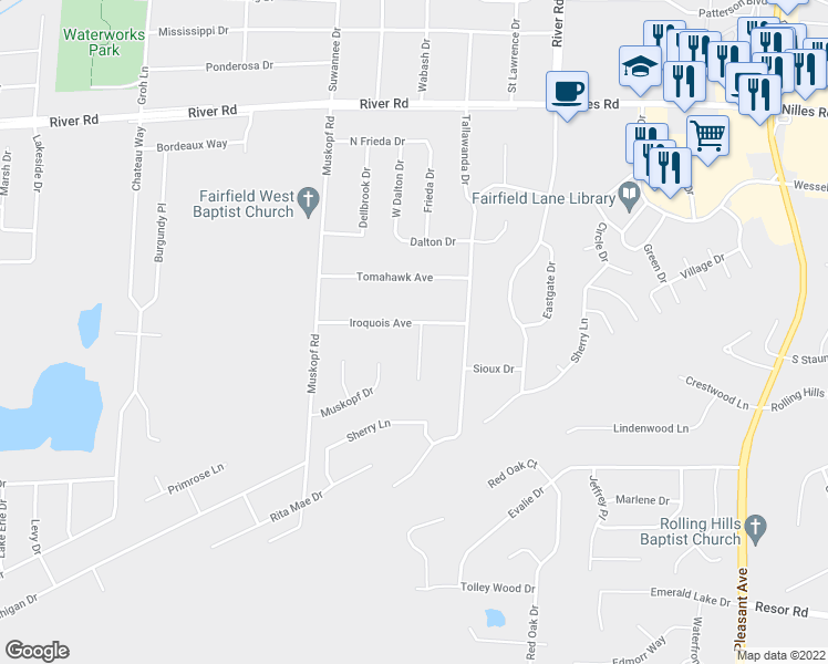 map of restaurants, bars, coffee shops, grocery stores, and more near 5353 Iroquois Avenue in Fairfield
