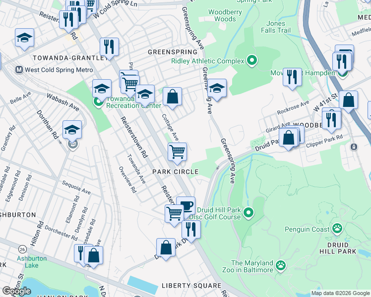 map of restaurants, bars, coffee shops, grocery stores, and more near 3651 Cottage Avenue in Baltimore