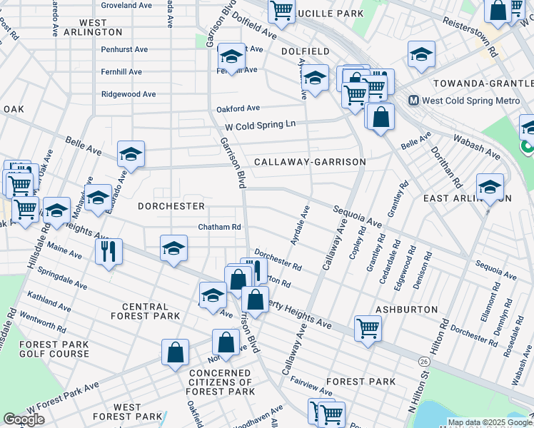 map of restaurants, bars, coffee shops, grocery stores, and more near 3819 Barrington Road in Baltimore