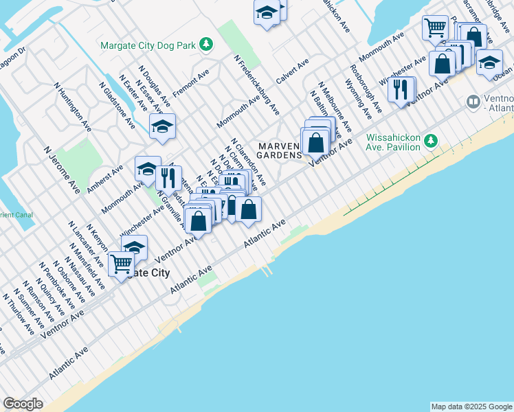 map of restaurants, bars, coffee shops, grocery stores, and more near in Margate City