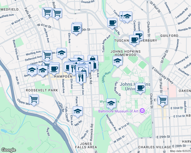 map of restaurants, bars, coffee shops, grocery stores, and more near 615 West 36th Street in Baltimore