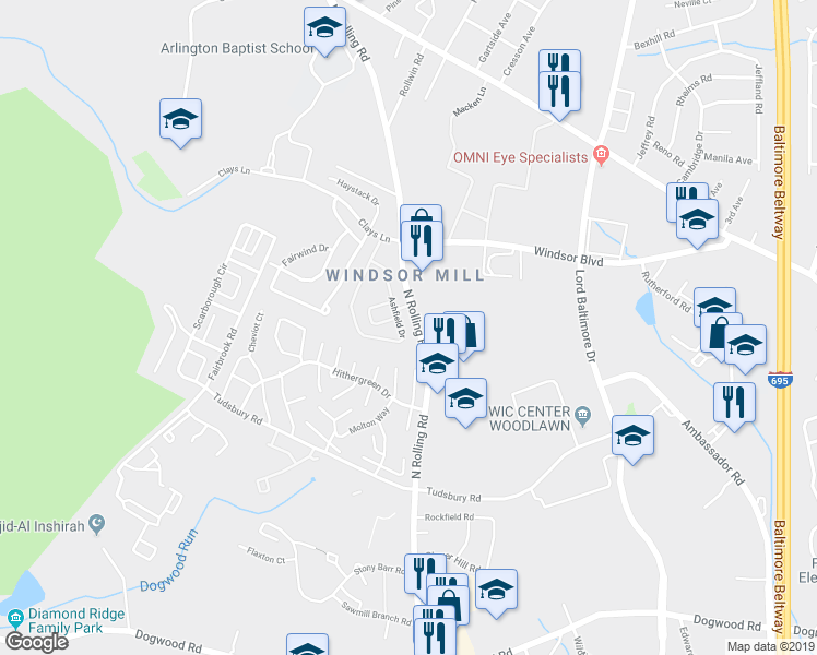map of restaurants, bars, coffee shops, grocery stores, and more near 2703 Ashfield Drive in Milford Mill