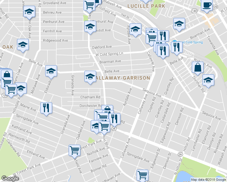 map of restaurants, bars, coffee shops, grocery stores, and more near 3819 Barrington Road in Baltimore