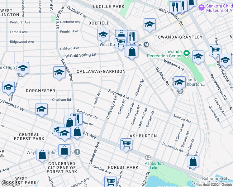 map of restaurants, bars, coffee shops, grocery stores, and more near Callaway Ave & Sequoia Ave in Baltimore