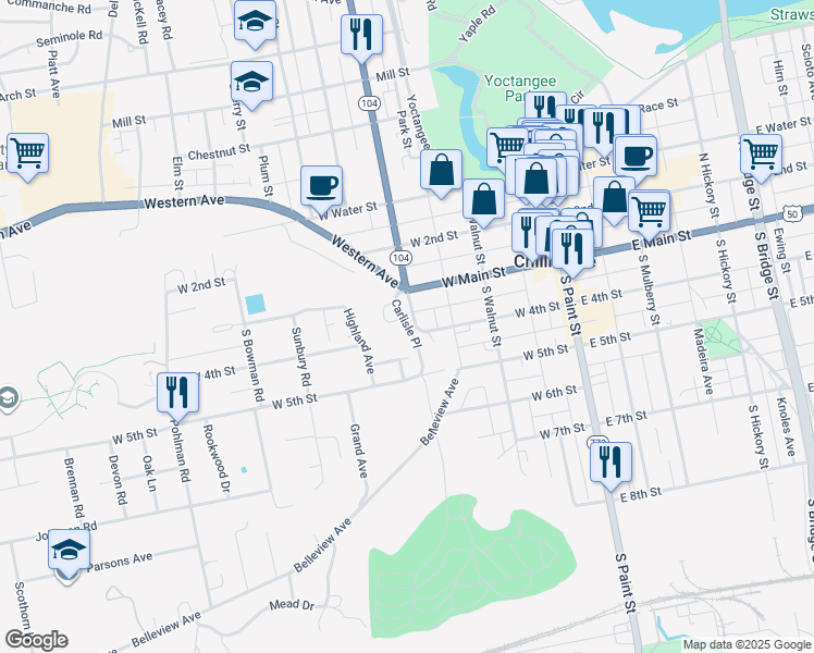 map of restaurants, bars, coffee shops, grocery stores, and more near 36 Carlisle Place in Chillicothe