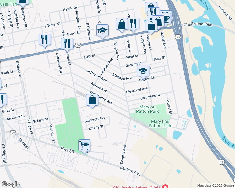 map of restaurants, bars, coffee shops, grocery stores, and more near 928 Jefferson Avenue in Chillicothe
