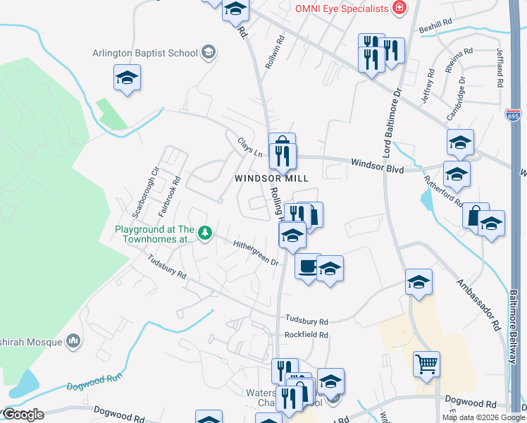 map of restaurants, bars, coffee shops, grocery stores, and more near 7400 Chadwell Circle in Milford Mill