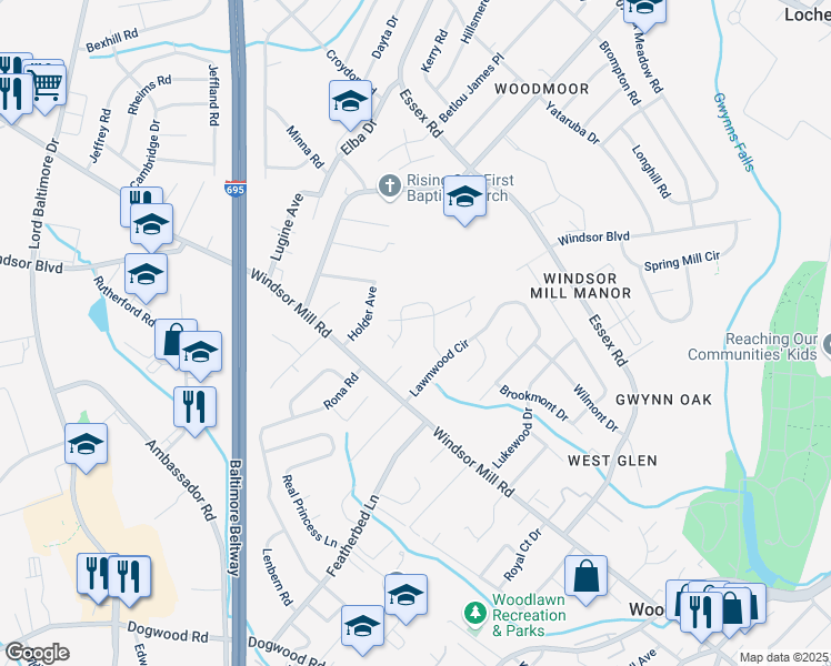 map of restaurants, bars, coffee shops, grocery stores, and more near 6814 Sauter Lane in Baltimore