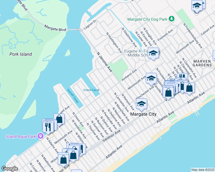 map of restaurants, bars, coffee shops, grocery stores, and more near 313 North Mansfield Avenue in Margate City