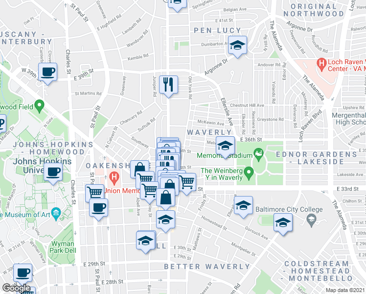 map of restaurants, bars, coffee shops, grocery stores, and more near 532 East 35th Street in Baltimore