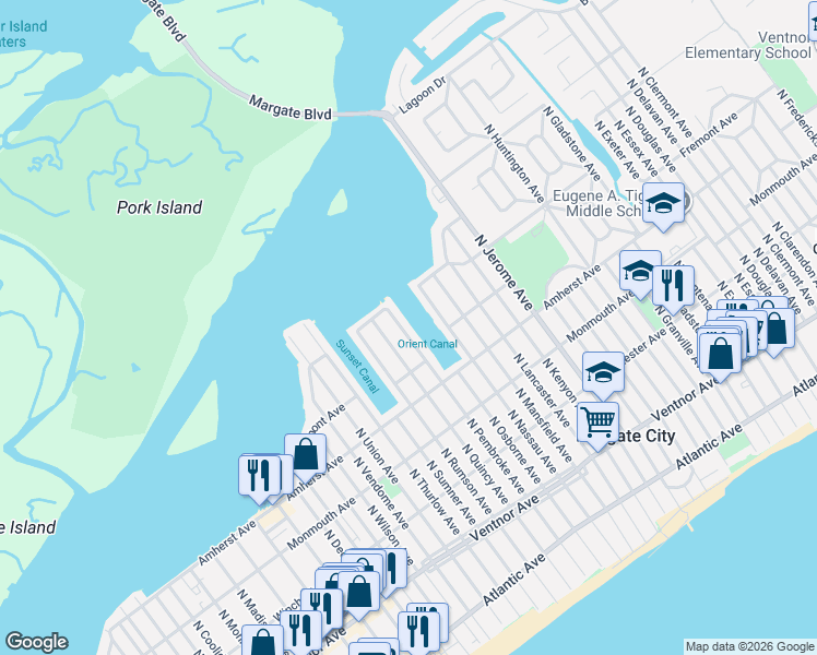 map of restaurants, bars, coffee shops, grocery stores, and more near 437 North Pembroke Avenue in Margate City