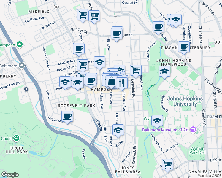 map of restaurants, bars, coffee shops, grocery stores, and more near Elm Ave & W 36th St in Baltimore