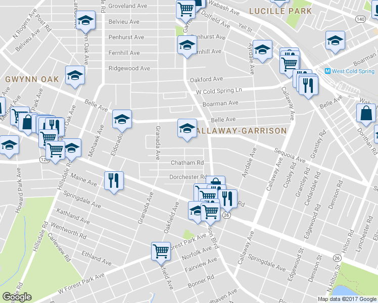 map of restaurants, bars, coffee shops, grocery stores, and more near 3913 Barrington Road in Baltimore
