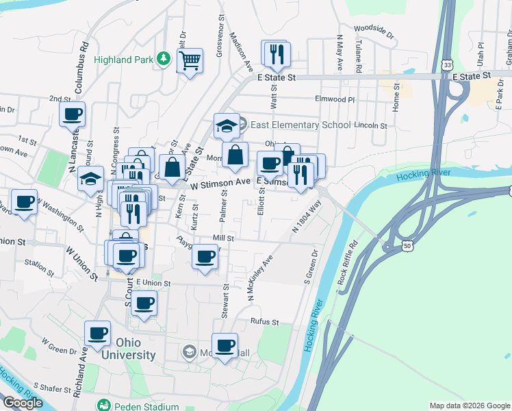 map of restaurants, bars, coffee shops, grocery stores, and more near 456 Elliott Street in Athens