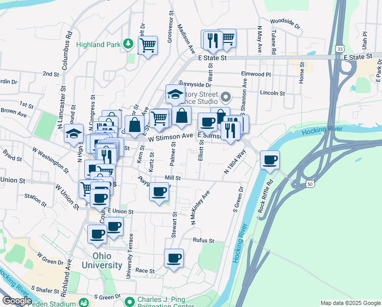 map of restaurants, bars, coffee shops, grocery stores, and more near 456 Elliott Street in Athens