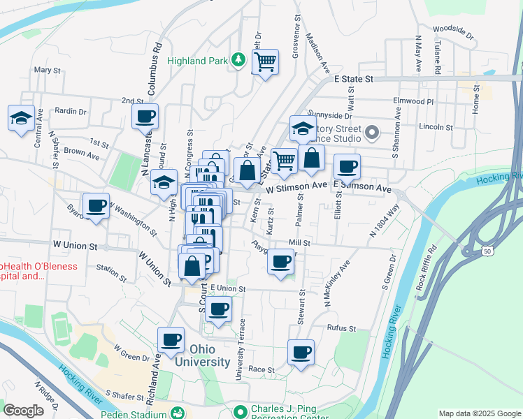 map of restaurants, bars, coffee shops, grocery stores, and more near 57E West State Street in Athens