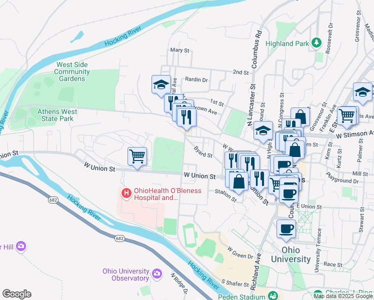 map of restaurants, bars, coffee shops, grocery stores, and more near 20 South Shafer Street in Athens