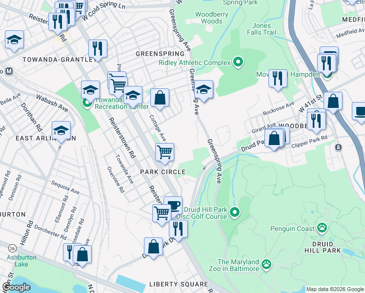 map of restaurants, bars, coffee shops, grocery stores, and more near 2503 Violet Avenue in Baltimore