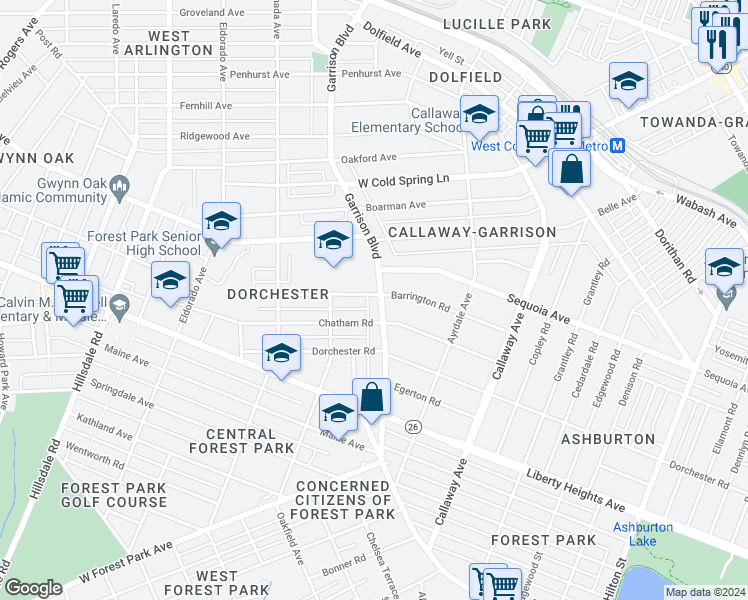 map of restaurants, bars, coffee shops, grocery stores, and more near 3706 Garrison Boulevard in Baltimore