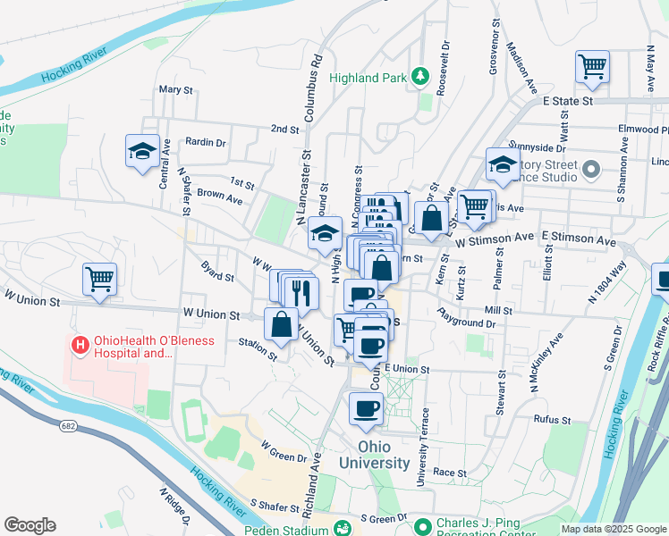 map of restaurants, bars, coffee shops, grocery stores, and more near 51 West State Street in Athens