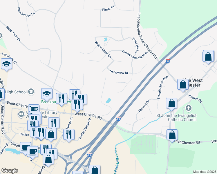 map of restaurants, bars, coffee shops, grocery stores, and more near 8846 Eagleview Drive in Beckett Ridge