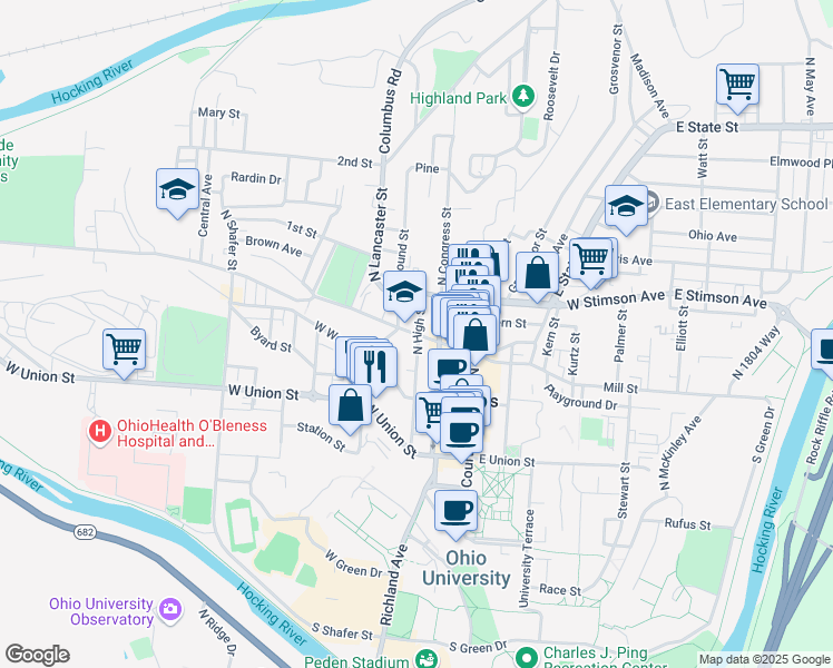 map of restaurants, bars, coffee shops, grocery stores, and more near 51 West State Street in Athens
