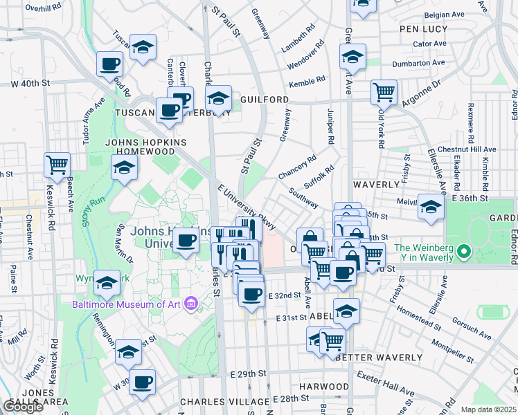 map of restaurants, bars, coffee shops, grocery stores, and more near 3601 Greenway in Baltimore