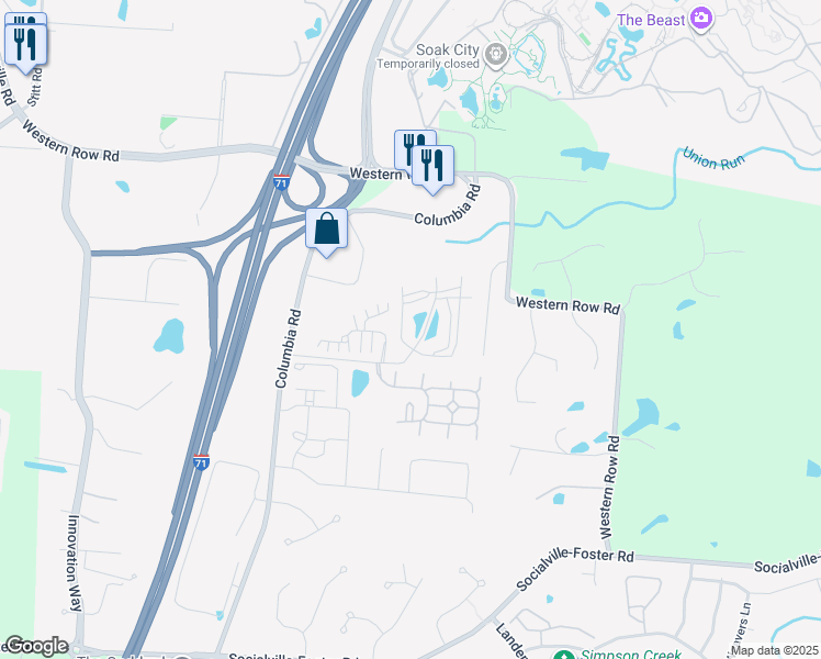 map of restaurants, bars, coffee shops, grocery stores, and more near 7340 Cayman Way in Maineville