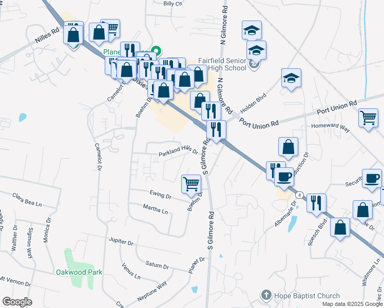 map of restaurants, bars, coffee shops, grocery stores, and more near 201 Parkland Hills Drive in Fairfield