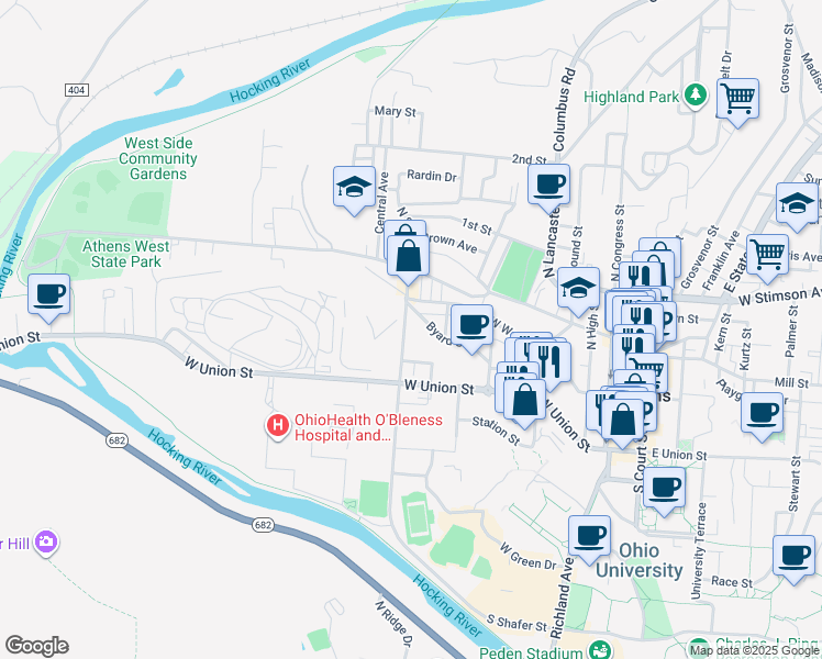map of restaurants, bars, coffee shops, grocery stores, and more near 20 South Shafer Street in Athens