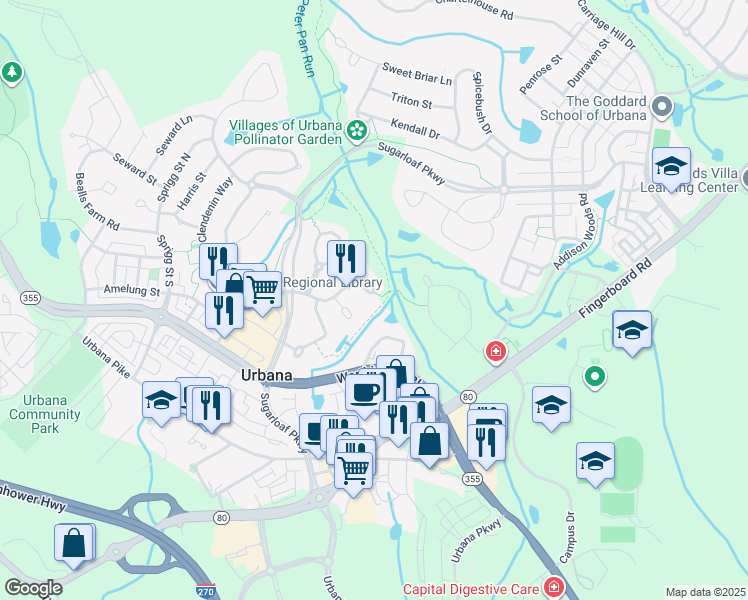 map of restaurants, bars, coffee shops, grocery stores, and more near 9117 John Simmons Street in Frederick