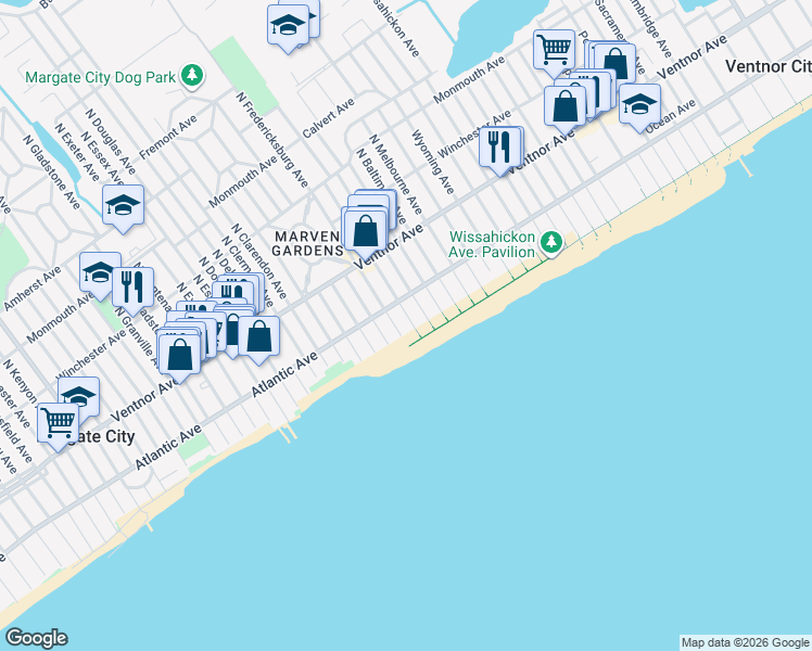 map of restaurants, bars, coffee shops, grocery stores, and more near 102 South Fredericksburg Avenue in Margate City