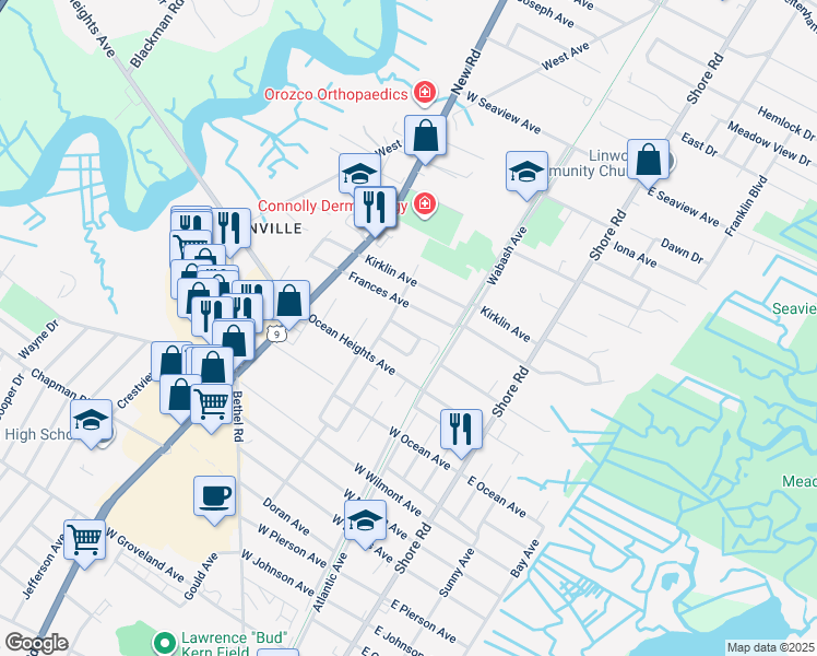 map of restaurants, bars, coffee shops, grocery stores, and more near 310 West Royal Avenue in Linwood
