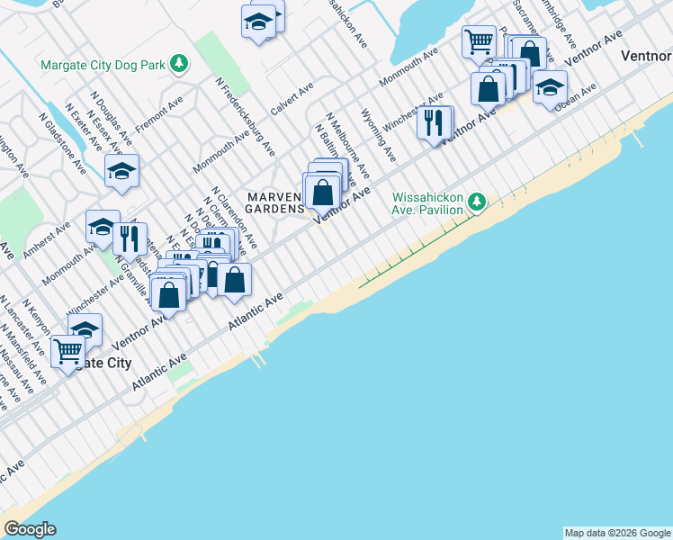 map of restaurants, bars, coffee shops, grocery stores, and more near 102 South Fredericksburg Avenue in Margate City