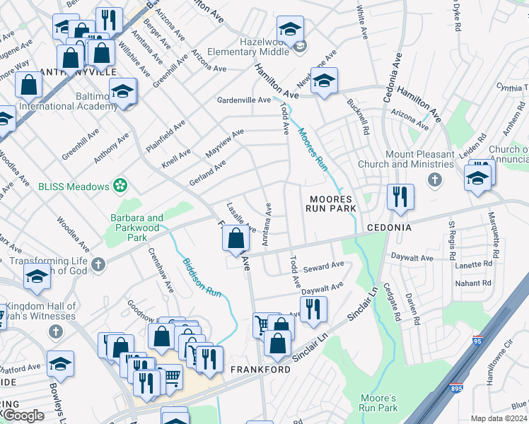 map of restaurants, bars, coffee shops, grocery stores, and more near 4911 Anntana Avenue in Baltimore