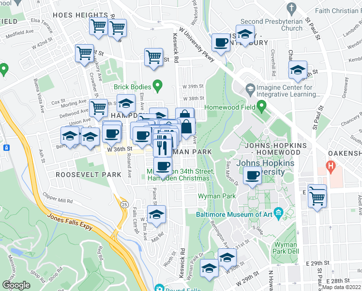 map of restaurants, bars, coffee shops, grocery stores, and more near Keswick Road & West 36th Street in Baltimore
