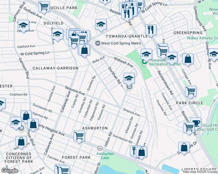 map of restaurants, bars, coffee shops, grocery stores, and more near 3338 Dolfield Avenue in Baltimore