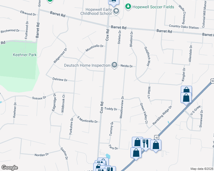 map of restaurants, bars, coffee shops, grocery stores, and more near 8698 Cox Road in Butler County