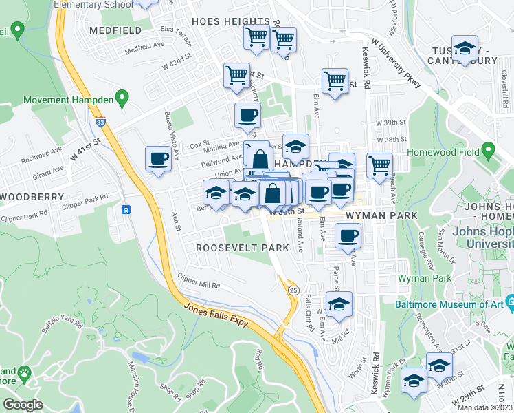 map of restaurants, bars, coffee shops, grocery stores, and more near 3620 Falls Road in Baltimore